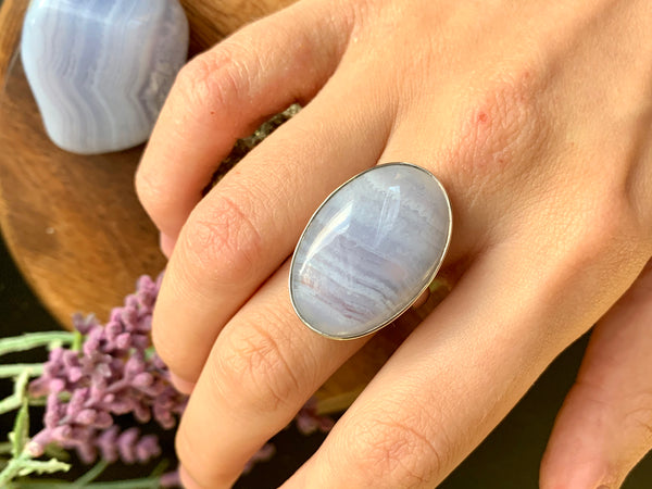Blue Lace Agate Adjustable Ring - Long Oval - Jewels & Gems