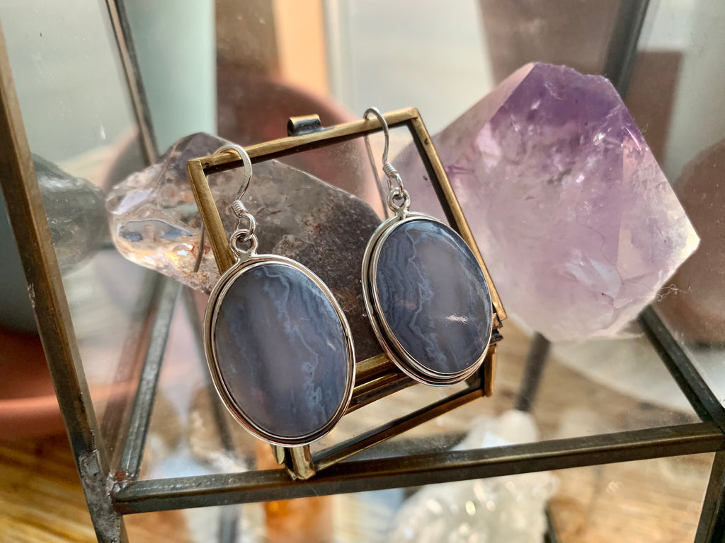 Blue Lace Agate Round Calix Earrings - Jewels & Gems