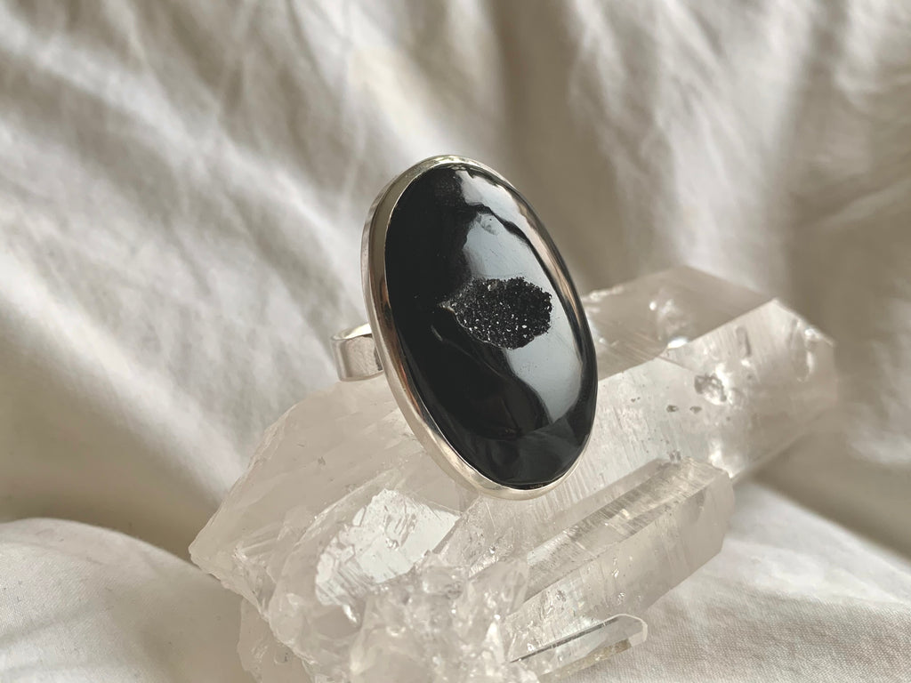 Black Onyx Druzy Adjustable Ring - Jewels & Gems