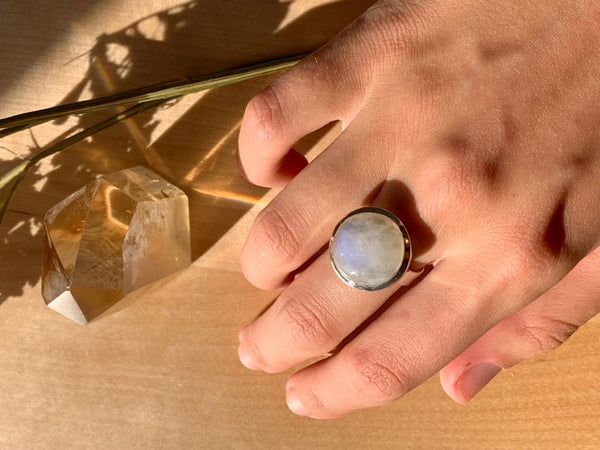 Moonstone Adjustable Ring - Small Round - Jewels & Gems
