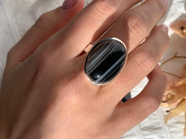 Black Banded Agate Adjustable Ring - B - Jewels & Gems