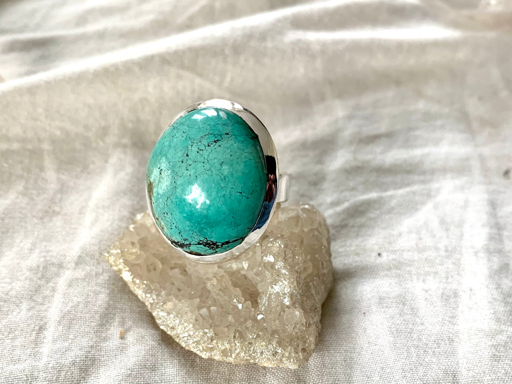 Tibetan Turquoise Adjustable Ring - Large Round - Jewels & Gems