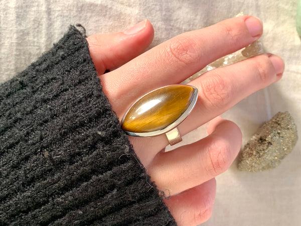 Tiger’s Eye Adjustable Ring - Marquise - Jewels & Gems