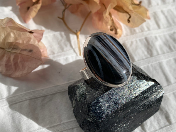 Black Banded Agate Adjustable Ring - A - Jewels & Gems