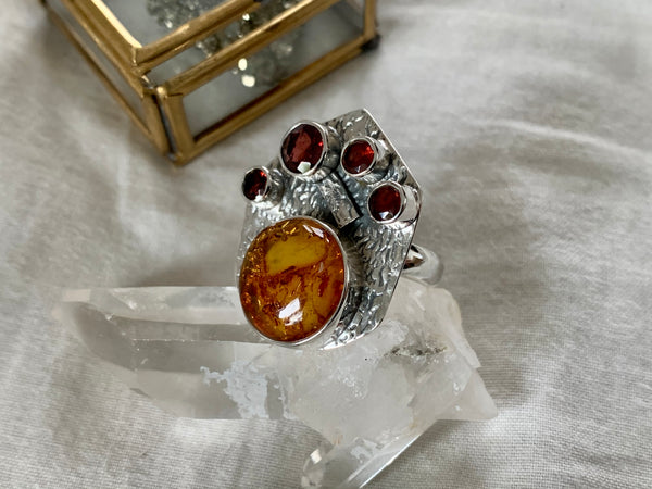 Red Garnet & Amber Rosamonde Ring (US 7 & 9) - Jewels & Gems